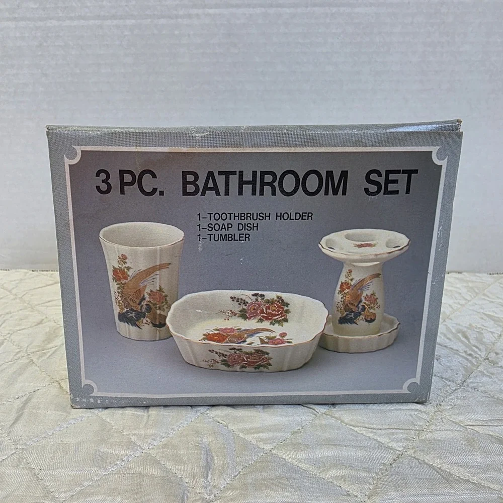 Vintage Porcelain 3 Piece Bathroom Set Japan Cup Toothbrush Holder Soap Dish